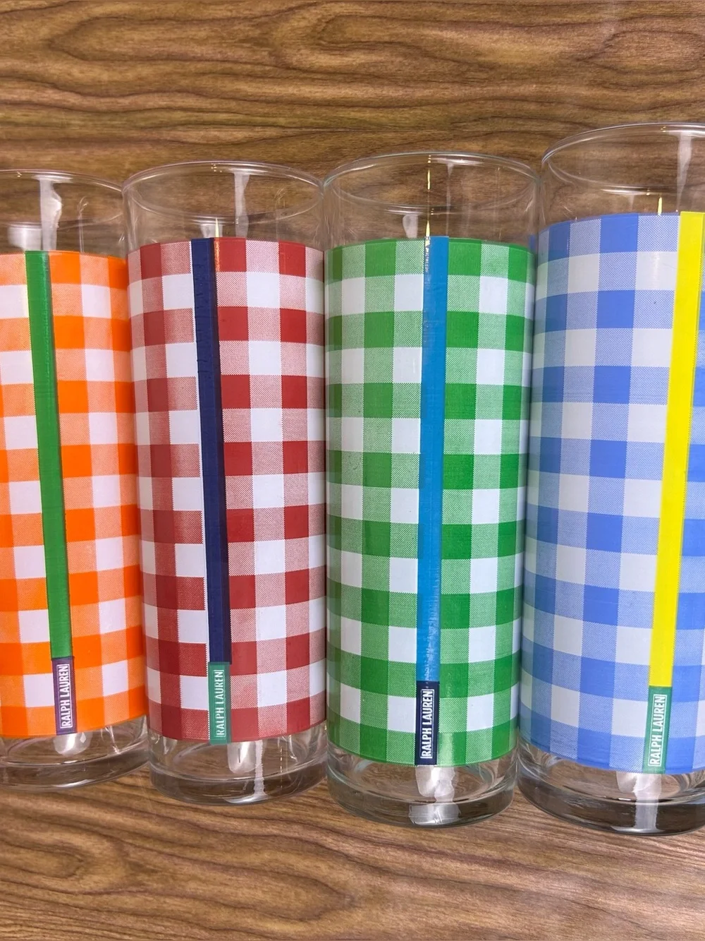 Vintage Ralph Lauren Gingham Plaid Glasses Iced Tea Tumblers Multicolor Set of 4